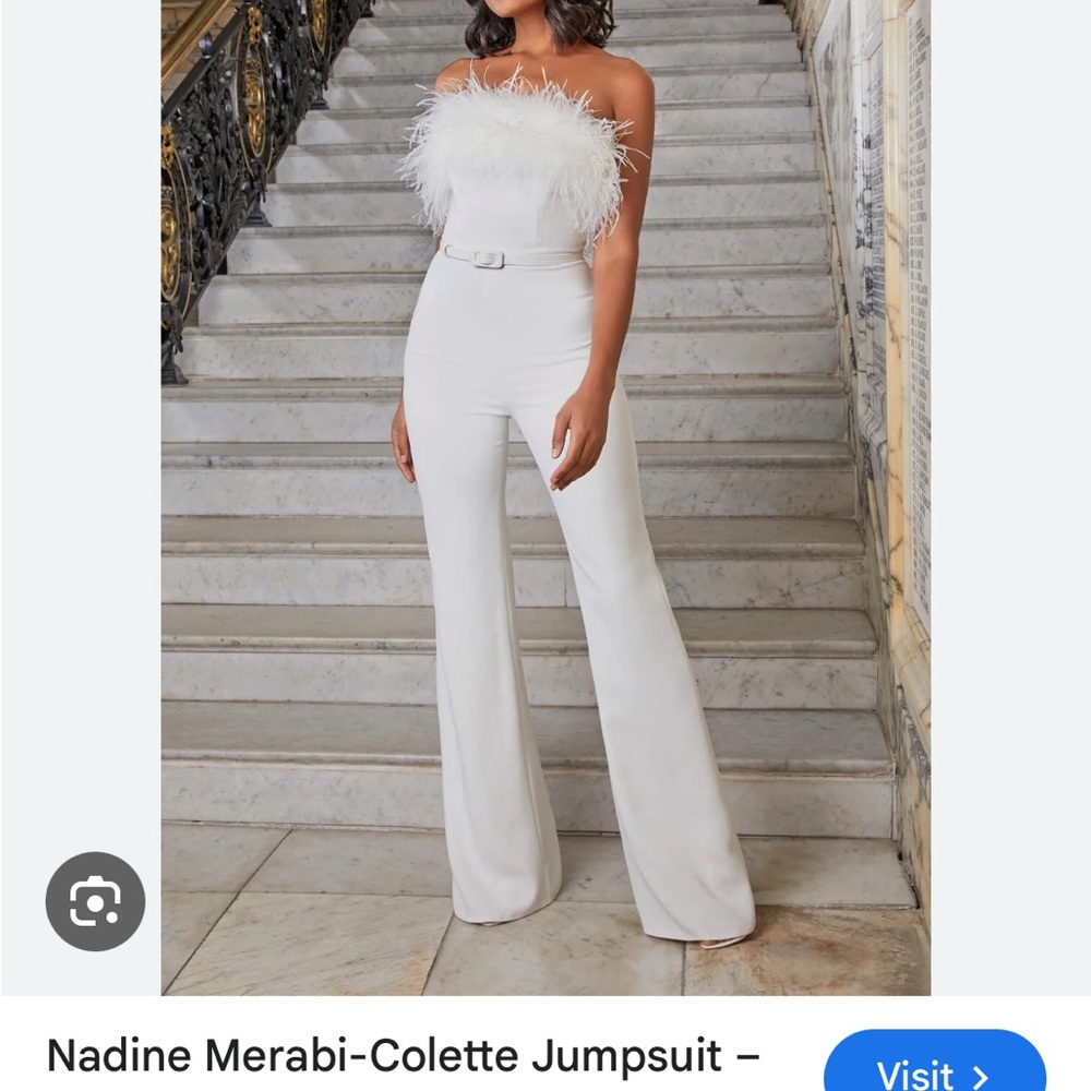NADINE MERABI Elegant White Feather Jumpsuit